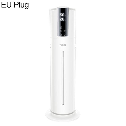White ultrasonic humidifier with digital display and vertical base, EU plug.
