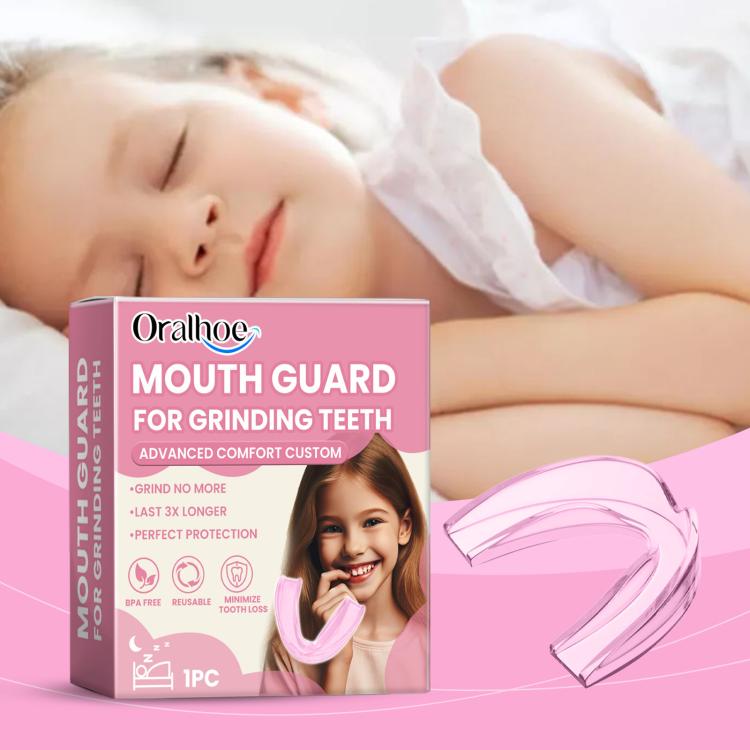 Children’s silicone mouth guard for teeth grinding, pink U-shaped tray