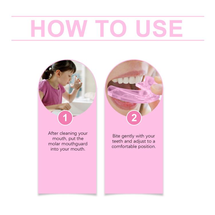 Children’s teeth grinding mouth guard, pink tray shown in step-by-step use