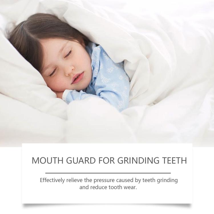 Children’s teeth grinding mouth guard, relief info card shown below sleeping child