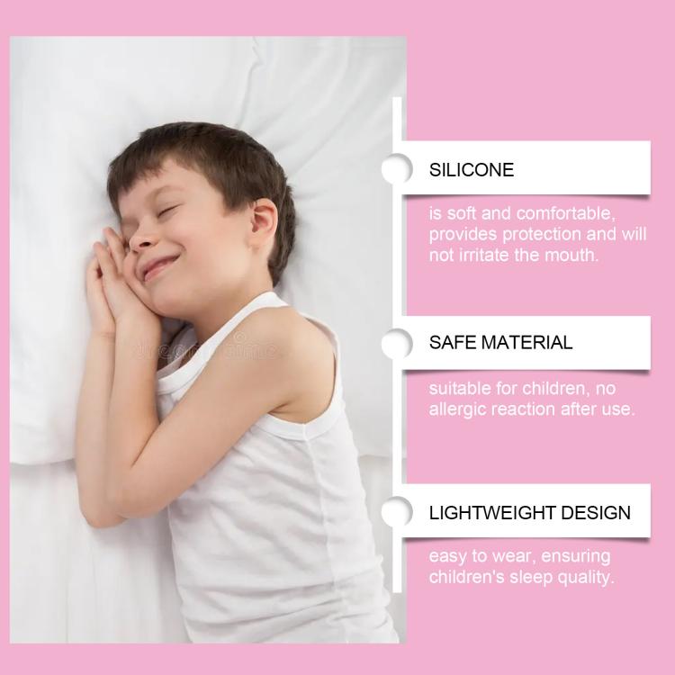 Children’s mouth guard features graphic with pink silicone tray and child sleeping
