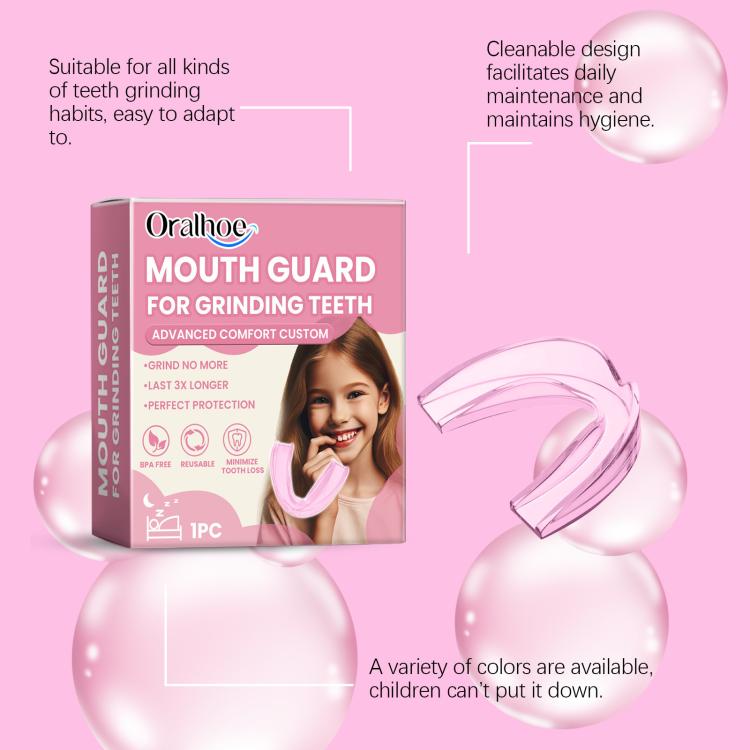 Children’s pink mouth guard for teeth grinding, box and tray with hygiene notes