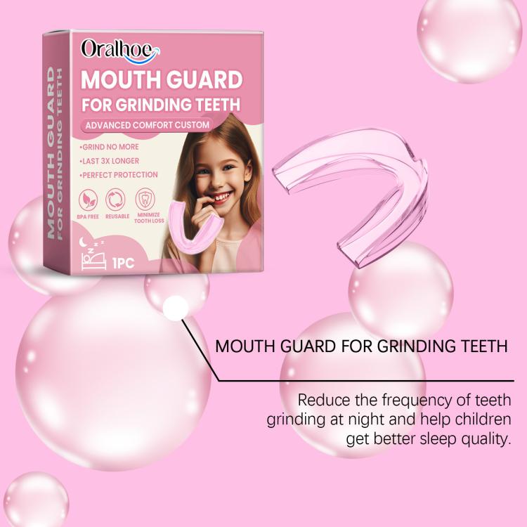 Children’s teeth grinding mouth guard, pink silicone tray and product box with care tip