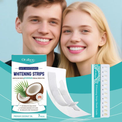 Teeth whitening strips set with teal carton, strip sheet, and matching single-pack strip holder.