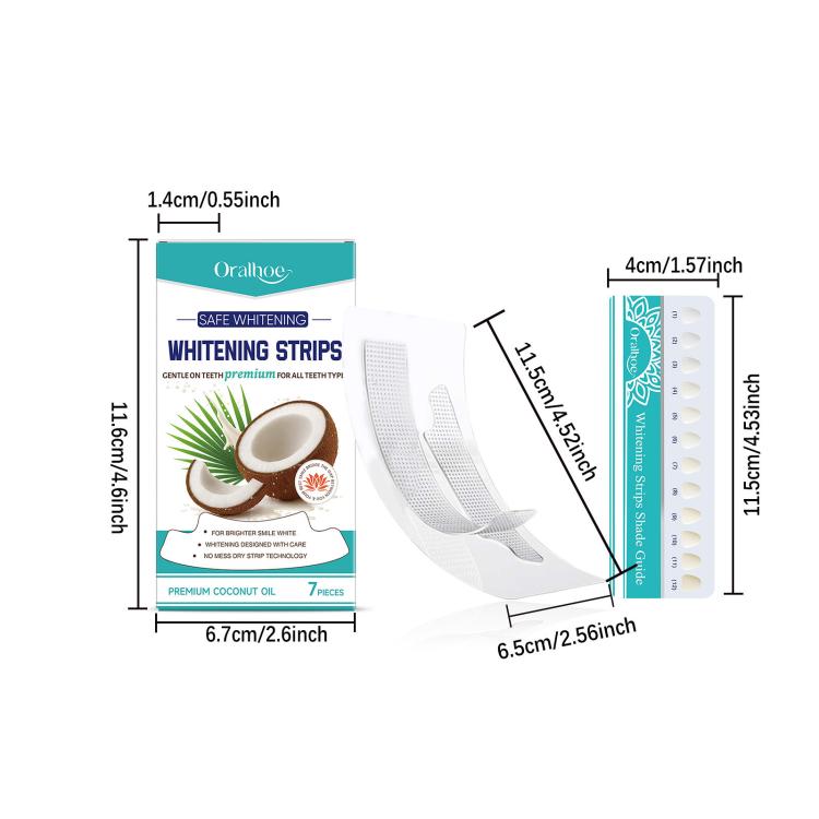 Teeth whitening strips set size diagram with boxed packaging and stacked strip sheets.