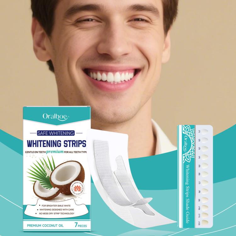 Teeth whitening strips set with teal carton and strip packets shown with a smiling person.