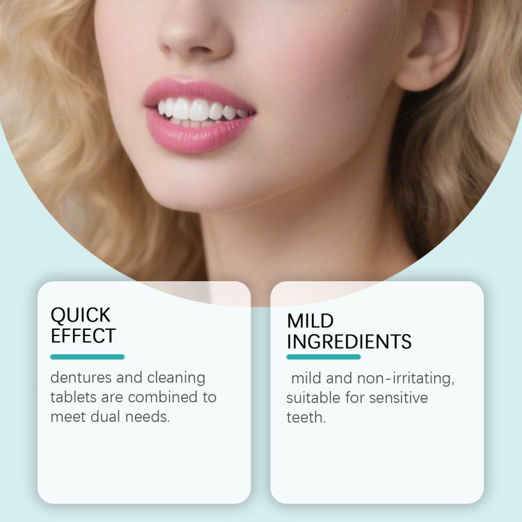 Whitening strips set benefit cards labeled quick effect and mild ingredients for sensitive teeth.