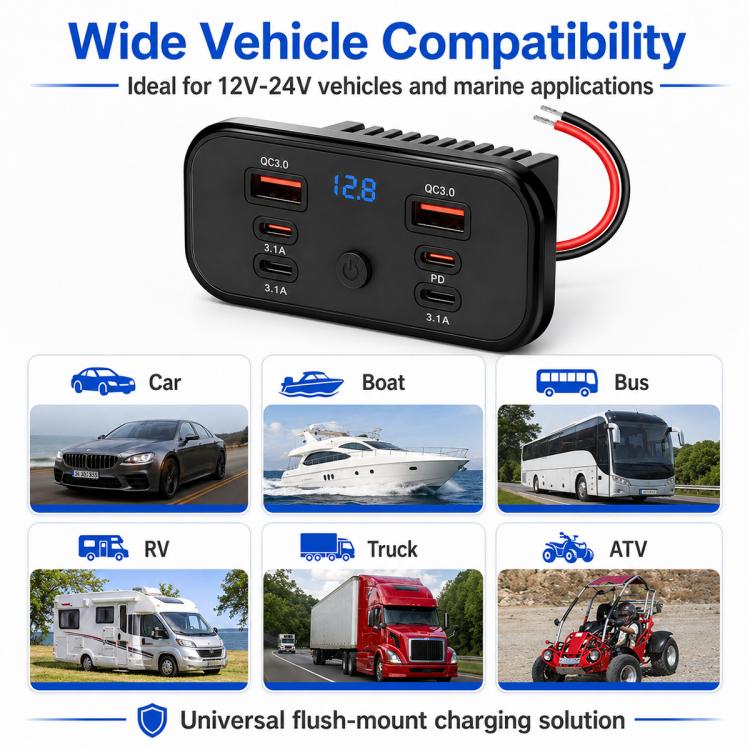 Car Modification Fast Charging USB-C Car Charger with Voltmeter, Multi-Ports
