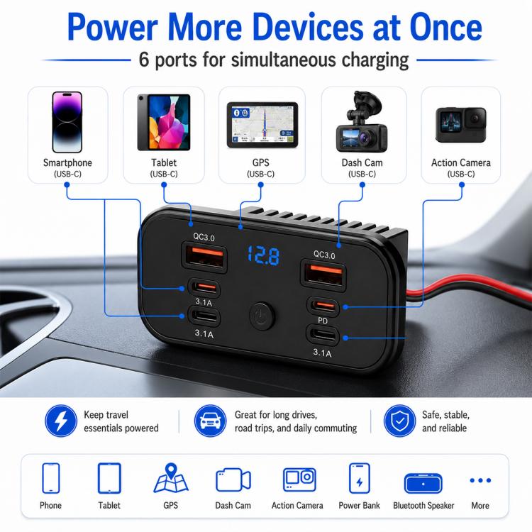 Car Modification Fast Charging USB-C Car Charger with Voltmeter, Multi-Ports