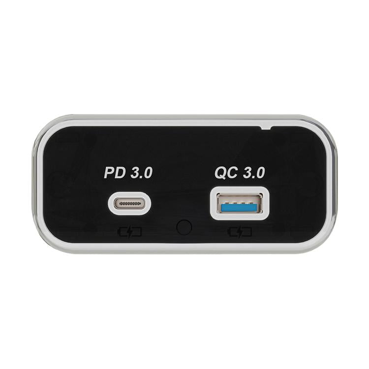 Black car dual-port USB charger with PD 3.0 and QC 3.0, silver-trim front panel