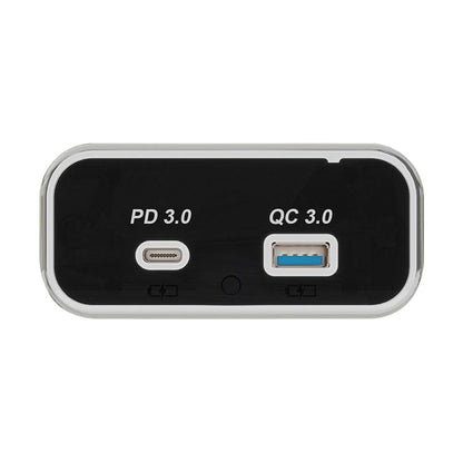 Black car dual-port USB charger with PD 3.0 and QC 3.0, silver-trim front panel