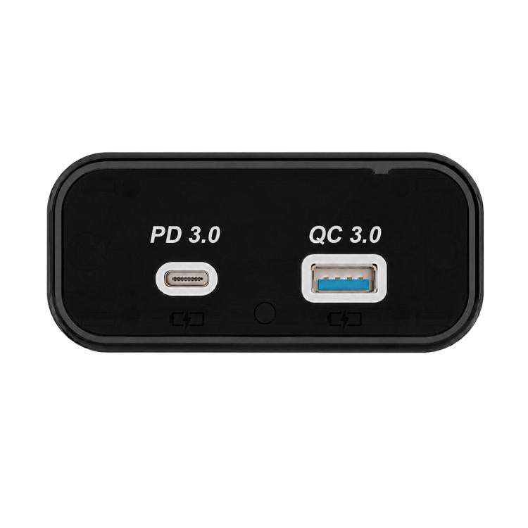 Black car dual-port USB charger with PD 3.0 and QC 3.0, black-trim front panel