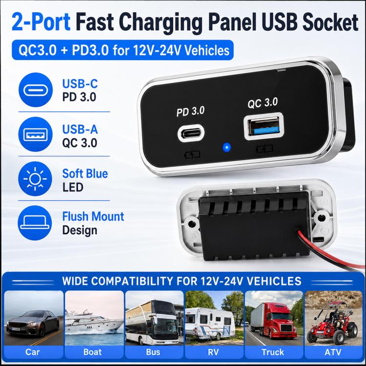 Black flush-mount dual-port car charger with PD 3.0 and QC 3.0, USB-C and USB-A ports
