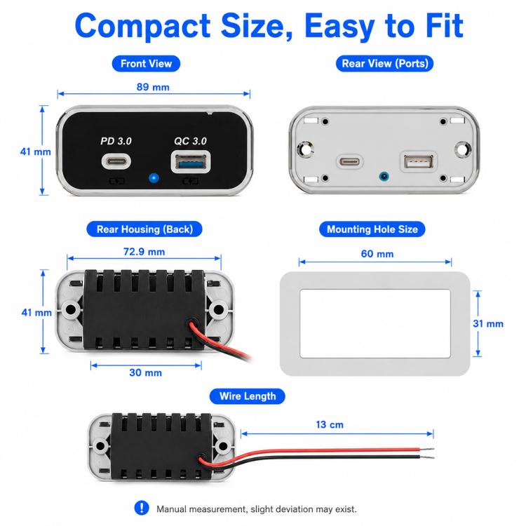Compact dual-port car charger diagram showing PD 3.0 and QC 3.0 front and rear views