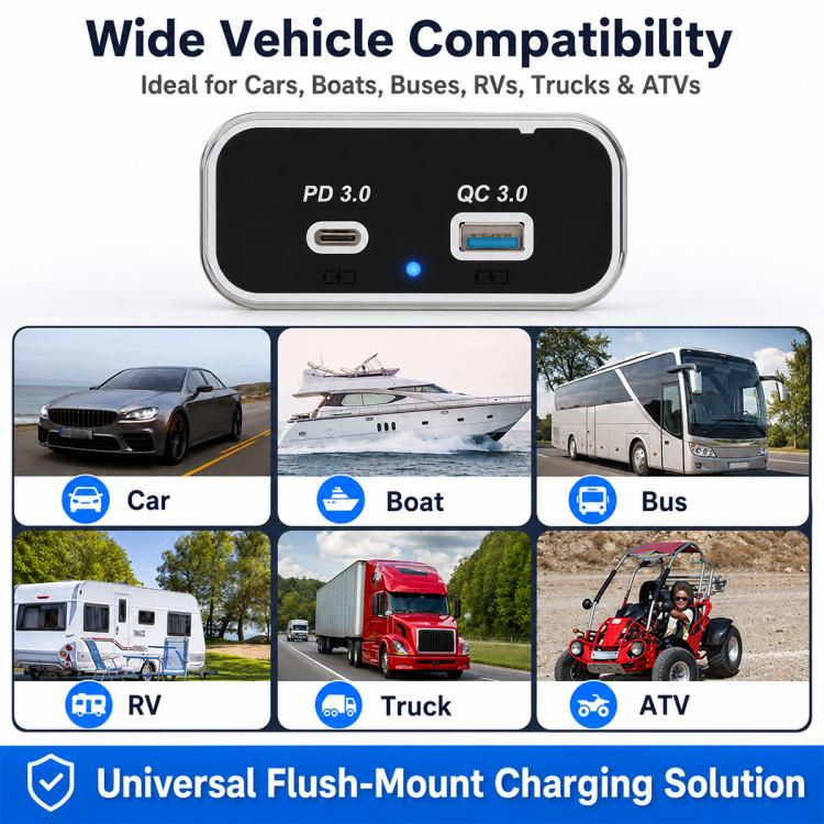 Black dual-port flush-mount car charger with PD 3.0 and QC 3.0, USB-C and USB-A ports