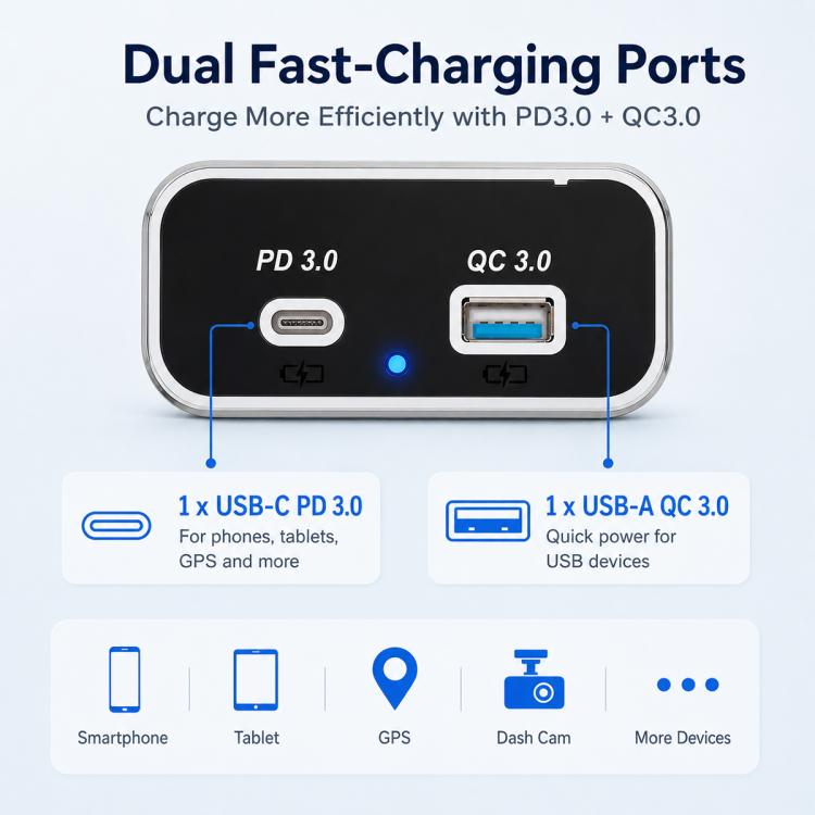 Black dual-port fast car charger with PD 3.0 and QC 3.0, blue power LED