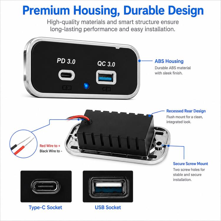 Recessed dual-port car charger housing with PD 3.0 and QC 3.0 sockets, mounting cover