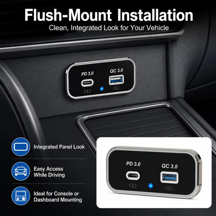 Black flush-mount dual-port car charger with PD 3.0 and QC 3.0, installed in dashboard panel