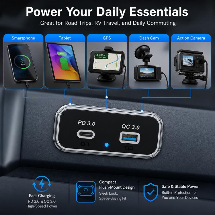Black flush-mount dual-port car charger with PD 3.0 and QC 3.0, blue LED power light