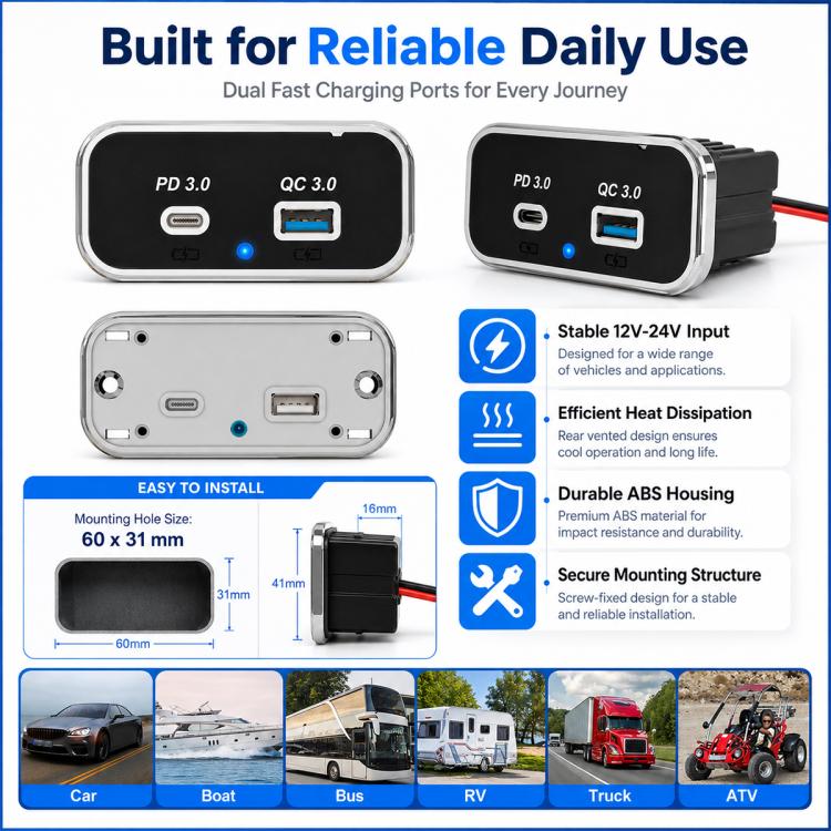 Dual-port car fast charger with PD 3.0 and QC 3.0 ports, black body with silver trim
