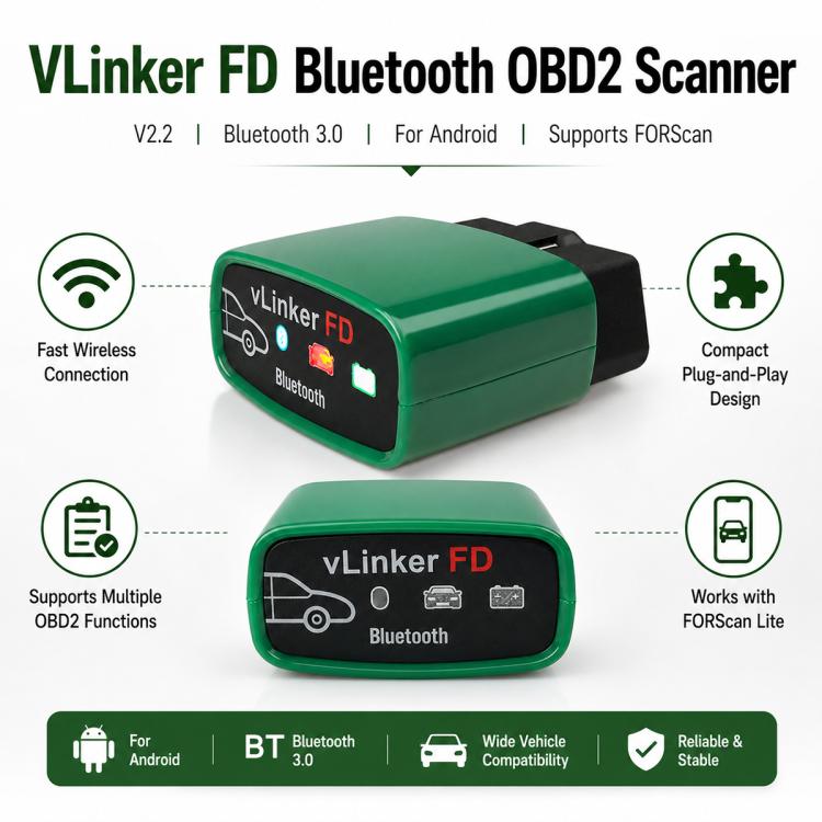 VLINKER FD + V2.2 Bluetooth 3.0 Car Fault Diagnosis Detector, FD + V2.2 Bluetooth 3.0