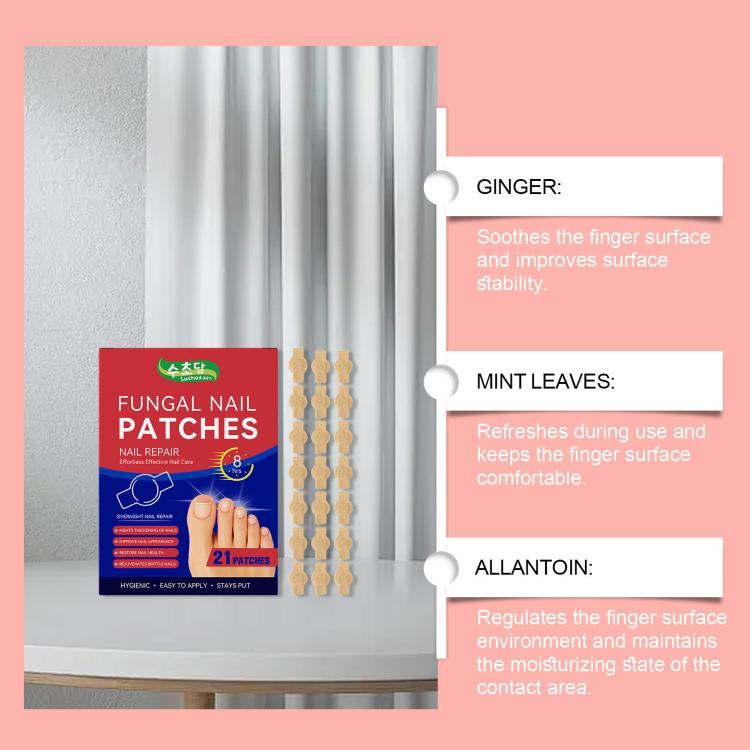 Nail patch kit with patch strips and ingredient callouts for ginger, mint, and allantoin