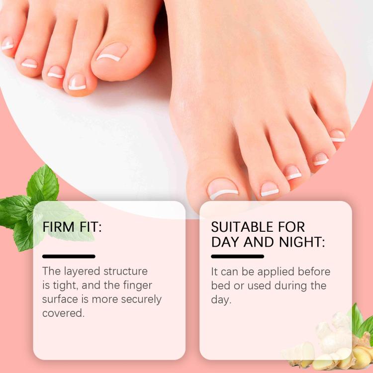 Feet with toenail patches and care infographic panels for firm fit and day/night use