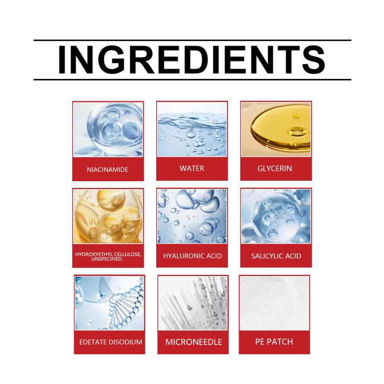 Ximonth microneedle patch ingredients grid: niacinamide, water, glycerin, acids