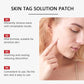 Skin tag solution patch benefits panel with 4 points and model showing small blemish