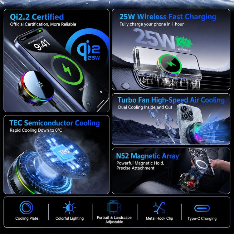 Magnetic wireless fast car charger with cooling module and indicator LED ring