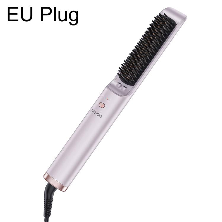 Yesido hair straightener brush with EU plug, light pink handle and black bristle comb