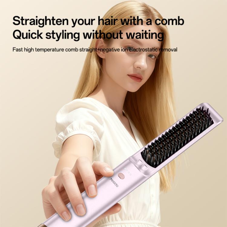 Lavender heated hair straightening brush with black bristles for sleek, straight hair