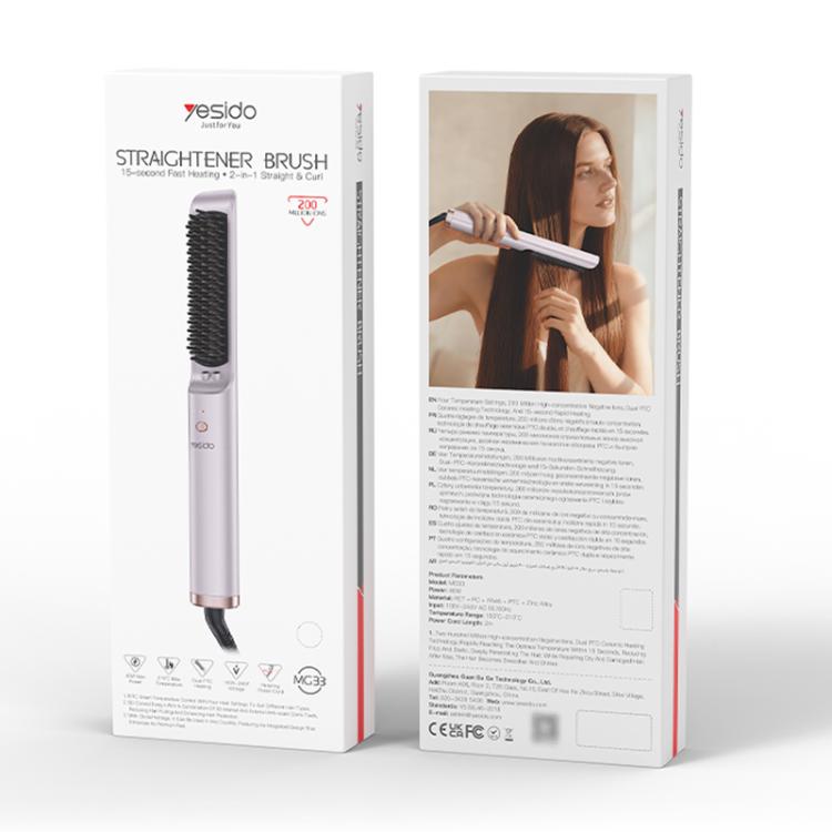 Yesido straightener brush retail box with lavender device and black bristle head