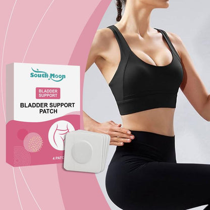 SOUTH MOON bladder support patch, square adhesive patch with 4-pack shown alongside a bra-wearer