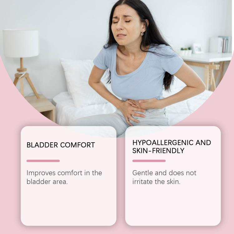 SOUTH MOON bladder support patch comfort and hypoallergenic info with woman holding abdomen