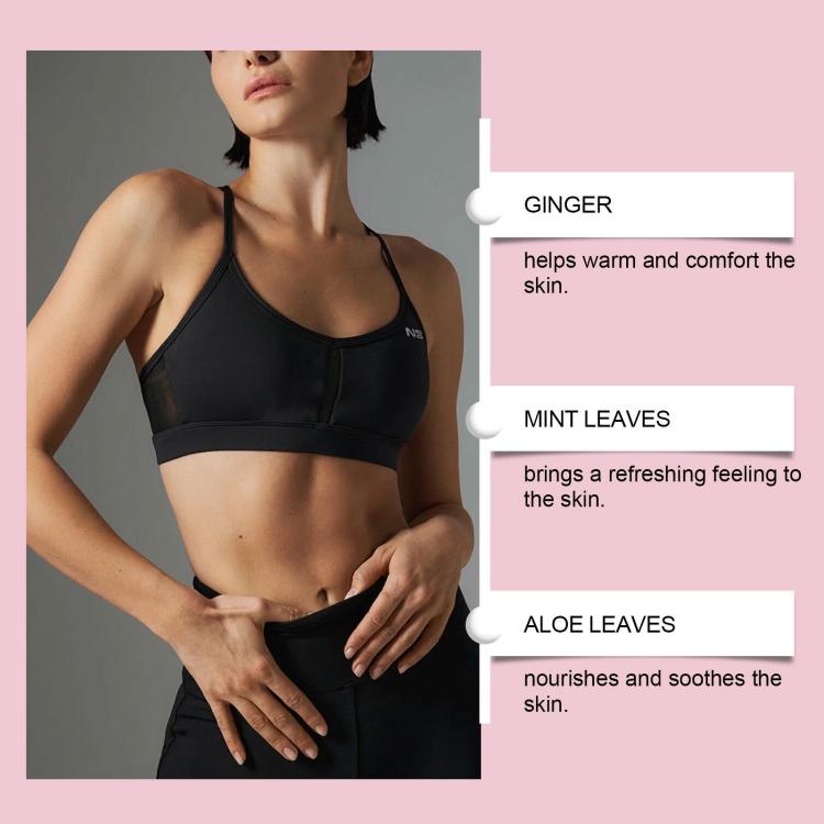 SOUTH MOON bladder support patch on abdomen with ingredient highlights for ginger, mint, and aloe