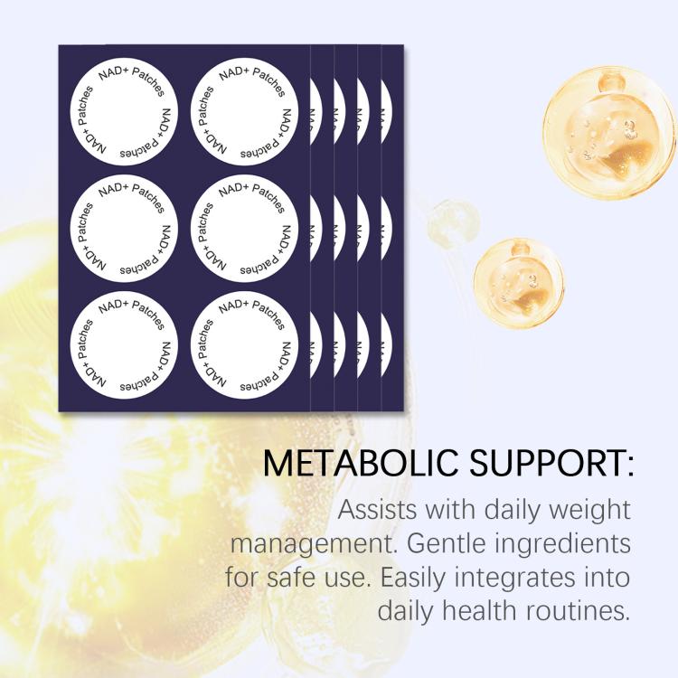 NAD+ body care patches on sheet, multiple circular adhesive patches