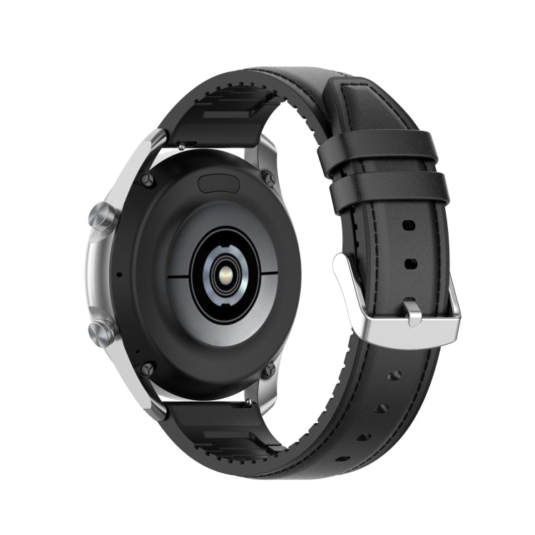 Black silicone watch strap from side view, with metal buckle and strap texture