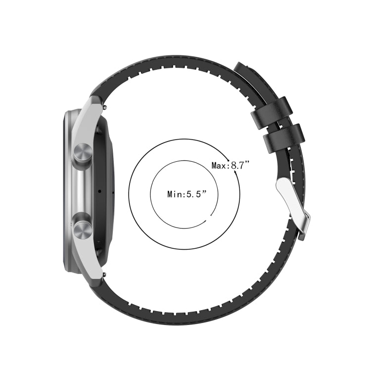 Black silicone watch strap with buckle, shown laid flat with adjustment range circle