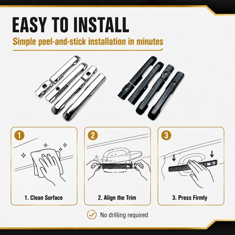 Car door handle protective covers with peel-and-stick backing, chrome and black