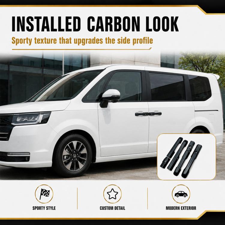 Installed carbon-look car door handle covers on a white van, four-piece set