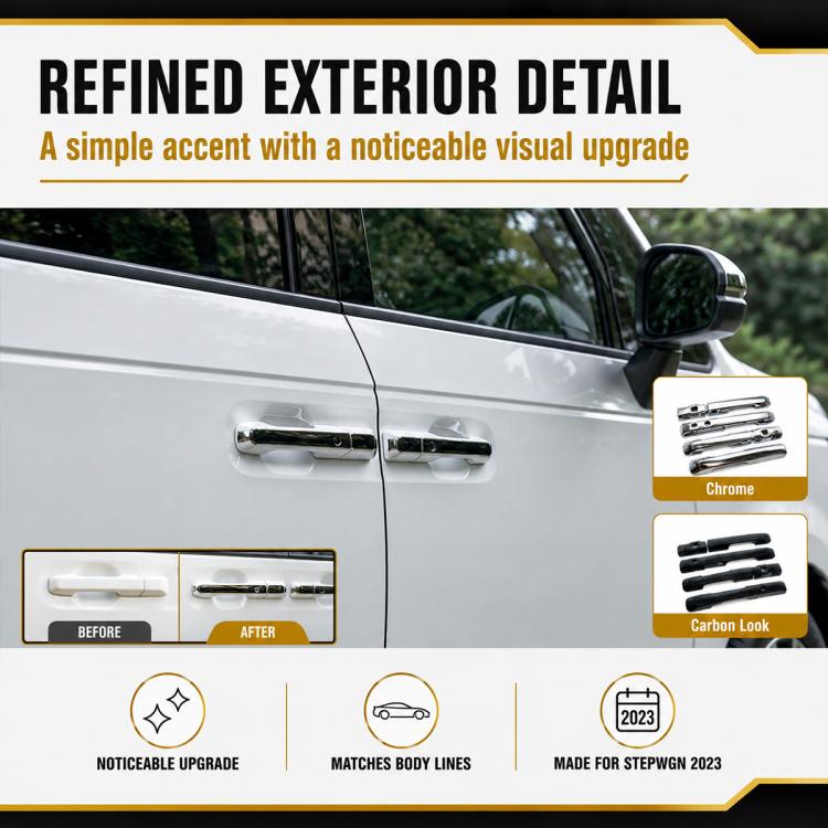 Chrome and carbon-look door handle protective covers with custom alignment