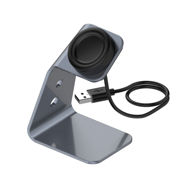 Grey aluminum magnetic watch charger stand with USB-A cable and charging dock