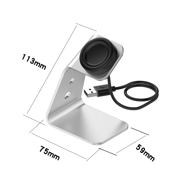 Silver aluminum magnetic watch charger stand with USB-A cable and compact base