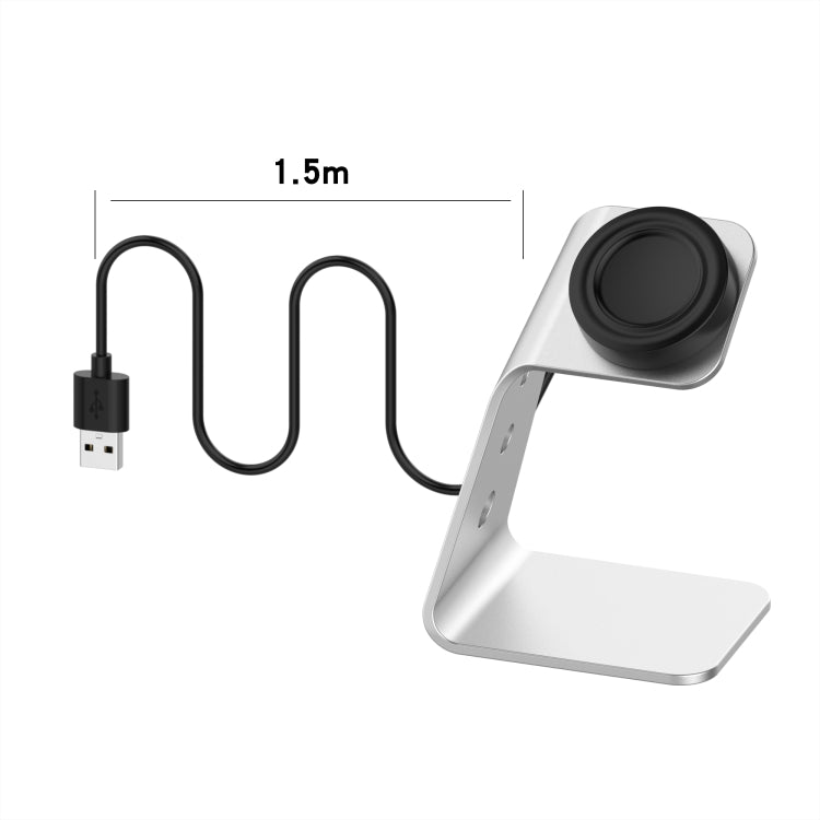 Silver aluminum magnetic watch charger stand with long USB-A cable and dock