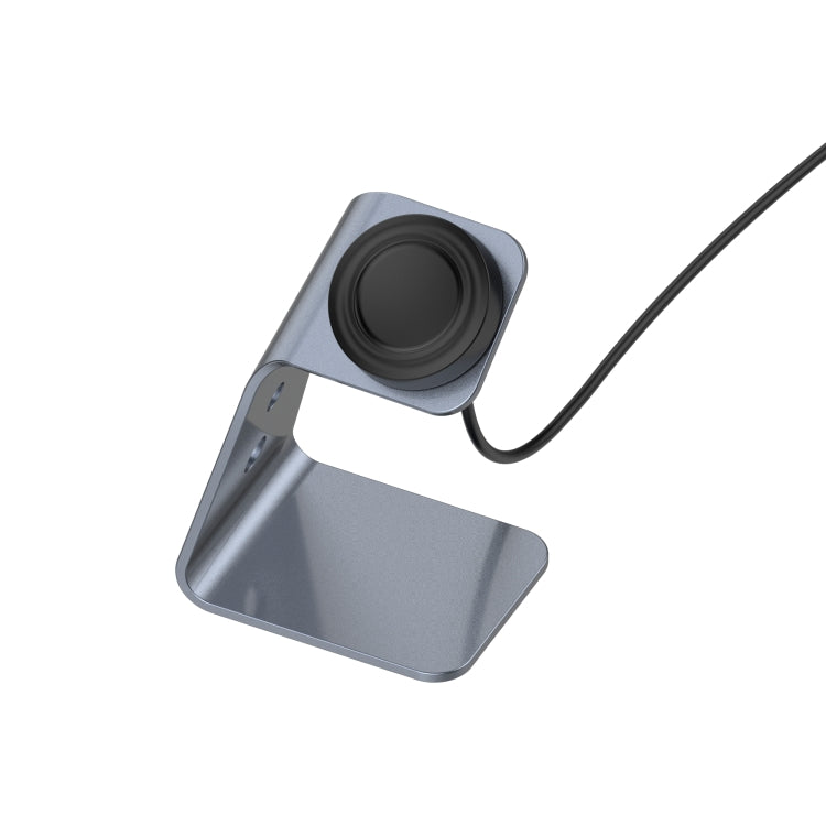 Grey aluminum magnetic watch charger stand with USB-A cable and angled base