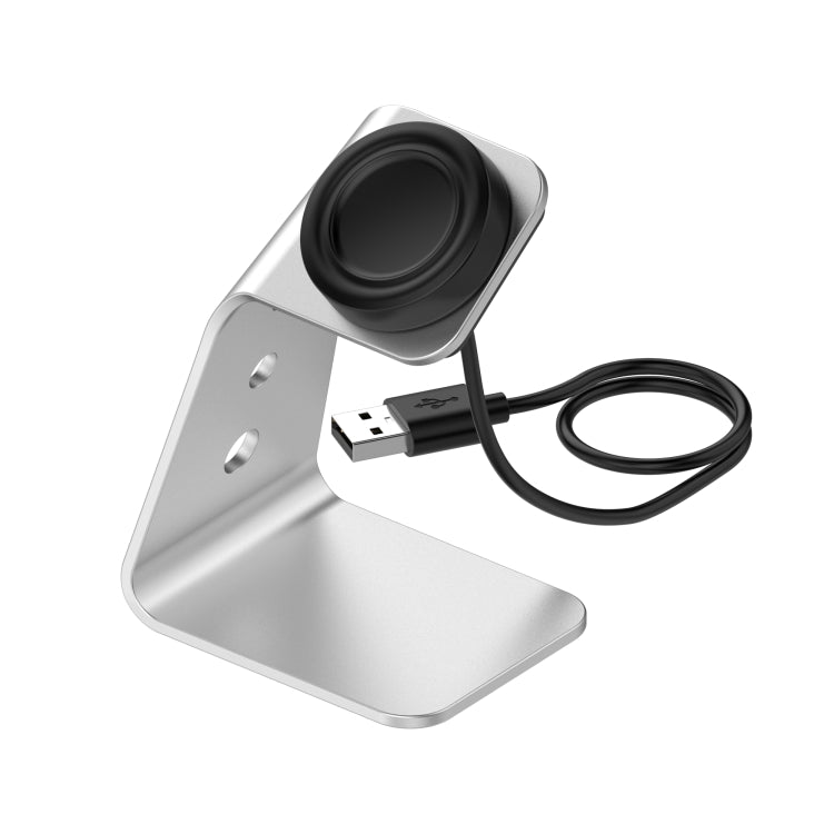 Silver aluminum magnetic watch charger stand with USB-A cable and charging pad
