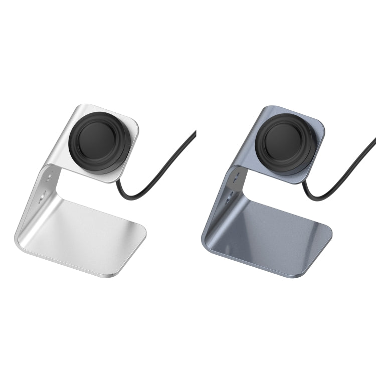 Magnetic watch charger stand with aluminum base and cable, chip-protection holder in silver/grey