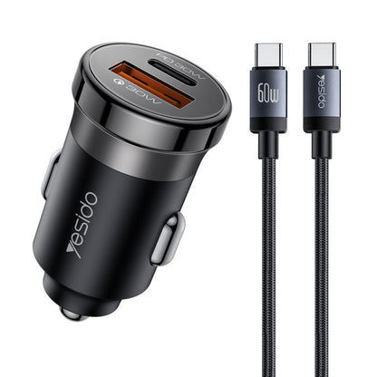 Black car charger with dual ports and USB-C to USB-C cable, metal finish