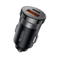Black 30W car charger with single USB-A port and Type-C port, compact round head